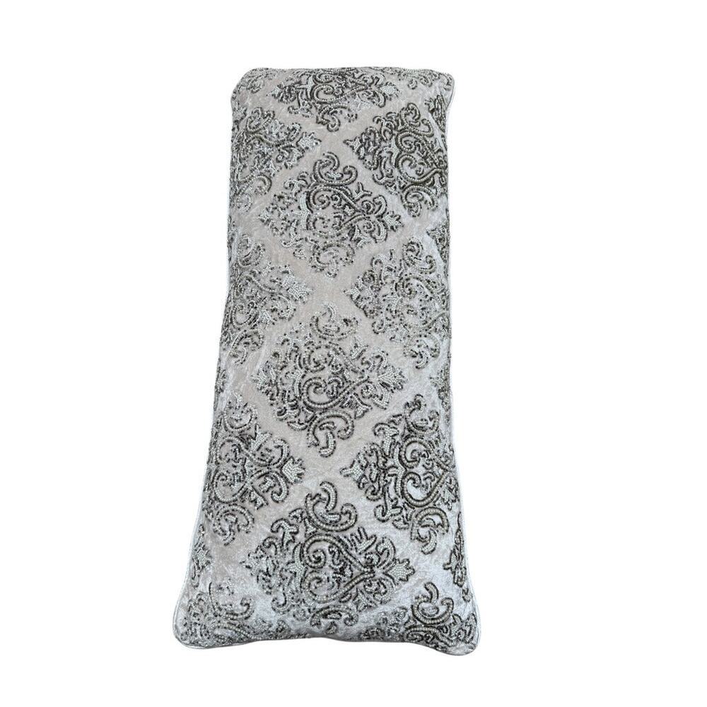 Cream Silver Velvet Sparkly Beaded Oversized Lumbar Rectangular Throw Pillow